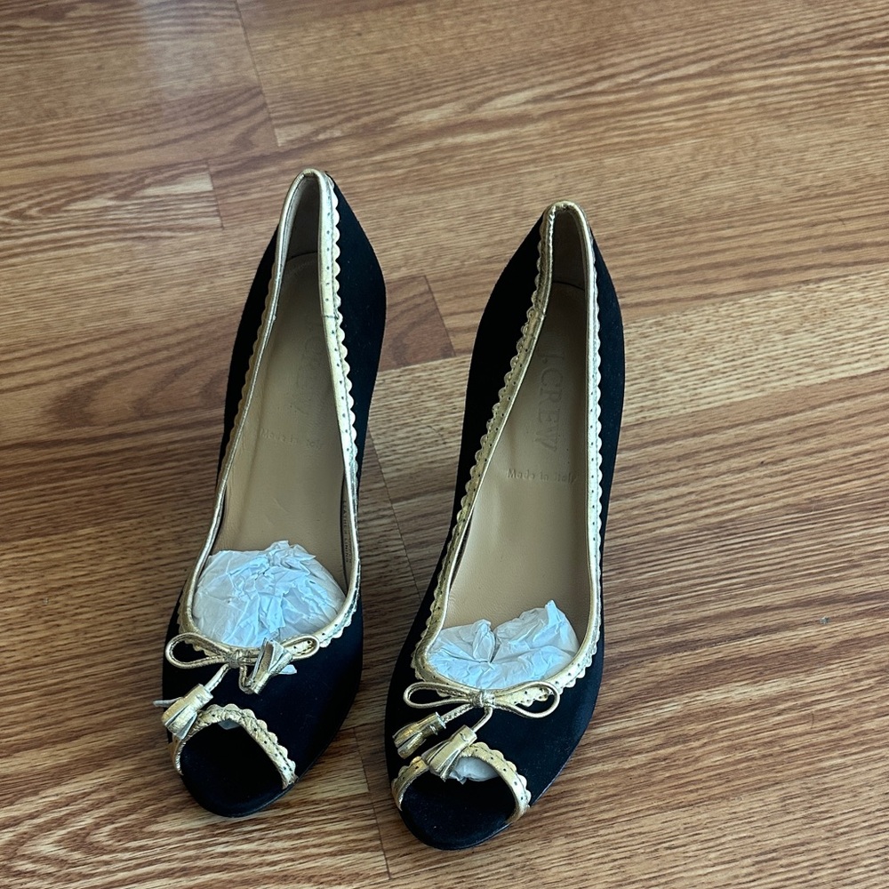 J. Crew Black and Cream Suede Heels